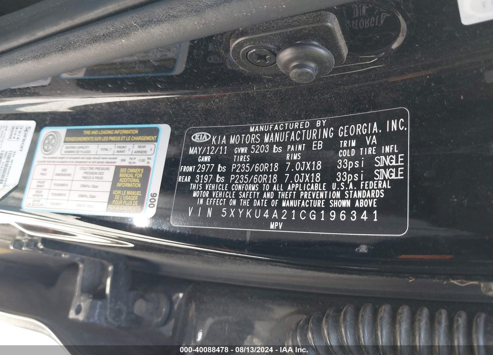 2012 KIA SORENTO EX V6 VIN: 5XYKU4A21CG196341