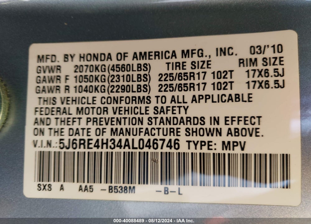 2010 HONDA CR-V LX VIN: 5J6RE4H34AL046746