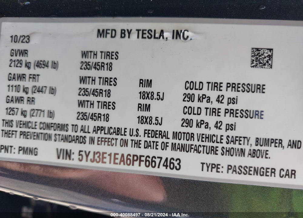 2023 TESLA MODEL 3 REAR-WHEEL DRIVE VIN: 5YJ3E1EA6PF667463