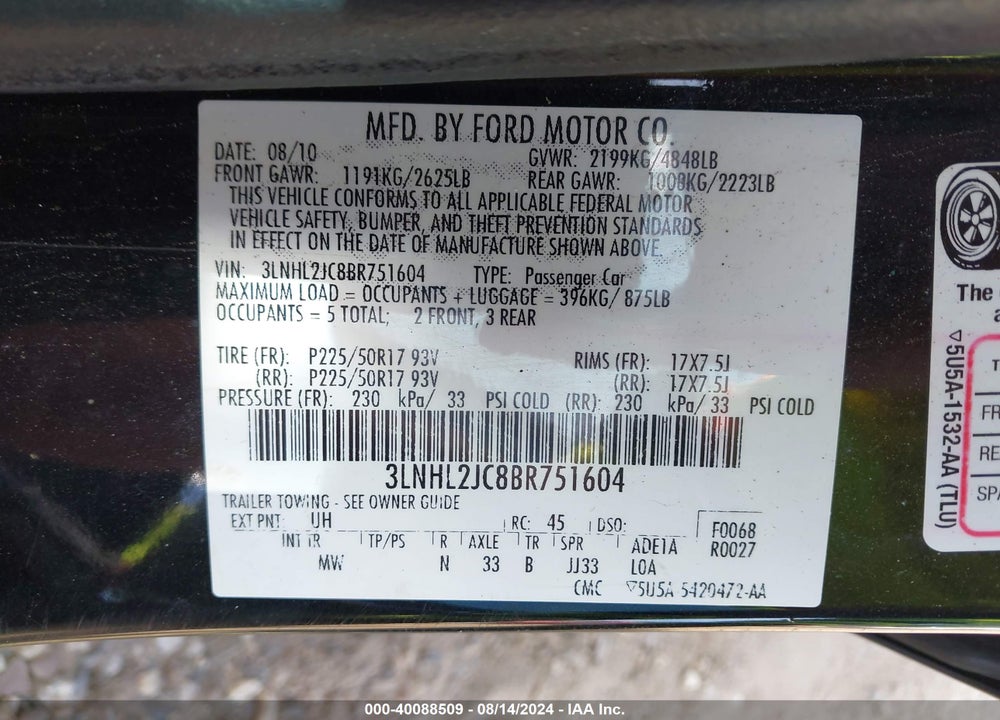 2011 LINCOLN MKZ VIN: 3LNHL2JC8BR751604