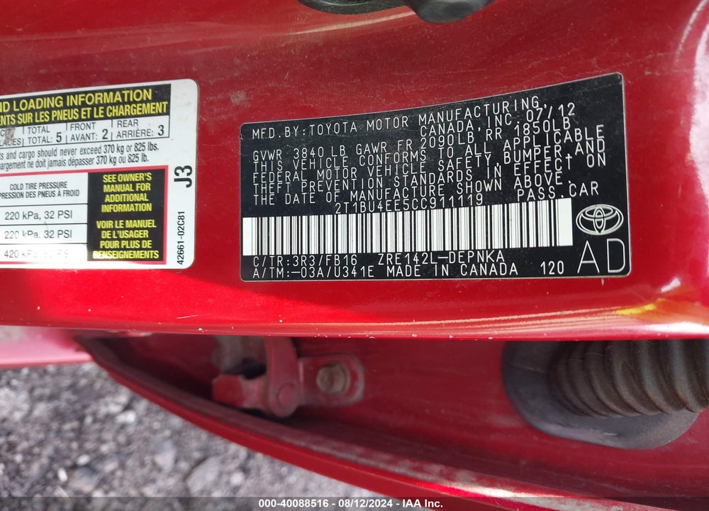 2012 TOYOTA COROLLA LE VIN: 2T1BU4EE5CC911119