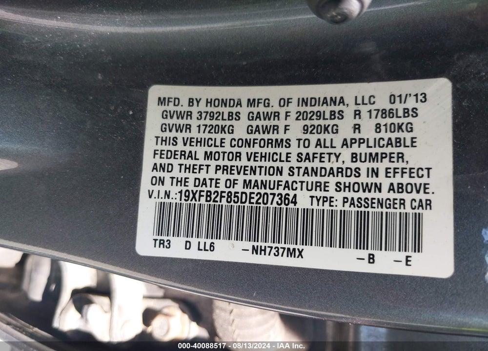 2013 HONDA CIVIC EX VIN: 19XFB2F85DE207364