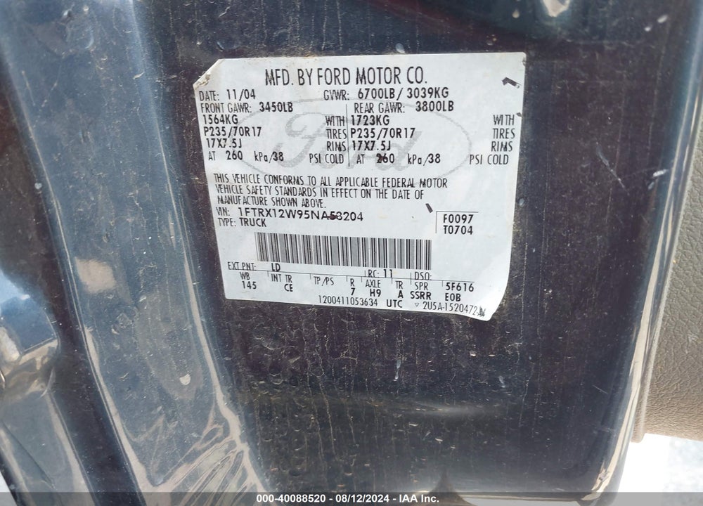 2005 FORD F-150 STX/XL/XLT VIN: 1FTRX12W95NA53204