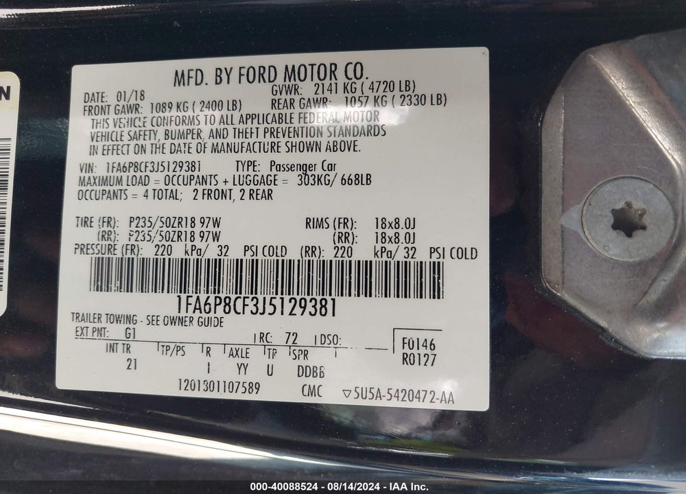 2018 FORD MUSTANG GT VIN: 1FA6P8CF3J5129381