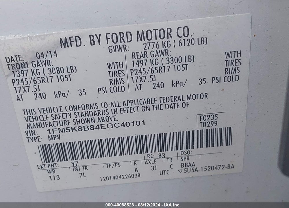 2014 FORD EXPLORER VIN: 1FM5K8B84EGC40101