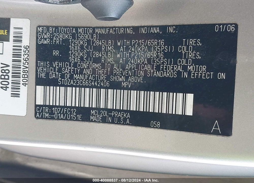 2006 TOYOTA SIENNA LE VIN: 5TDZA23C66S442406