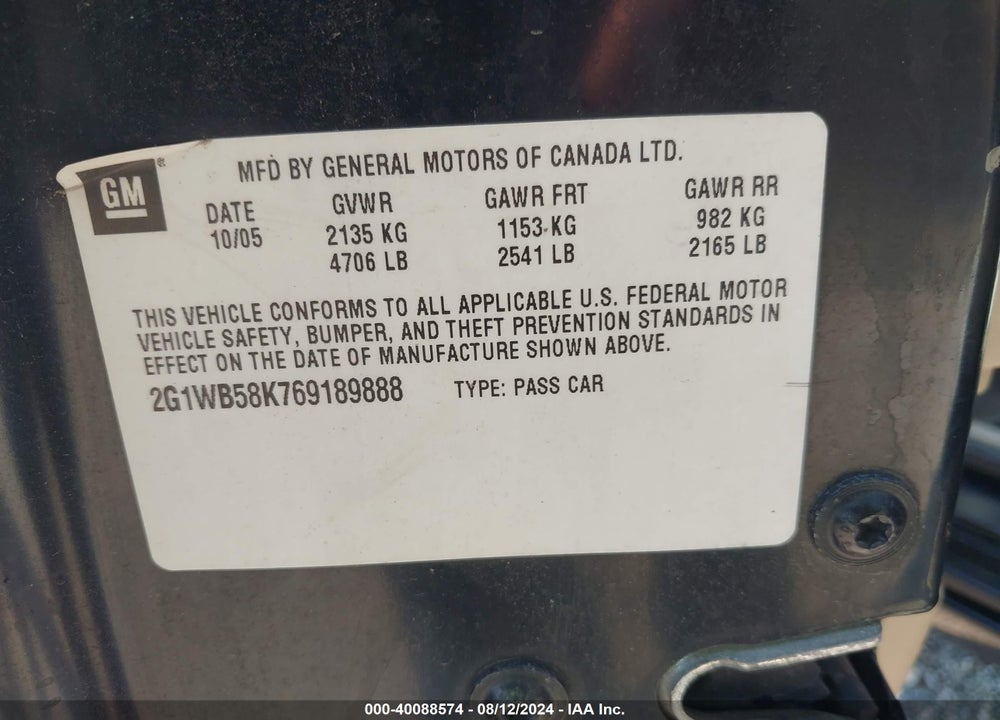 2006 CHEVROLET IMPALA LS VIN: 2G1WB58K769189888