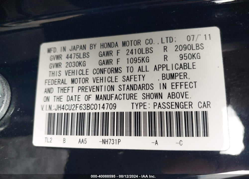 2011 ACURA TSX 2.4 VIN: JH4CU2F63BC014709
