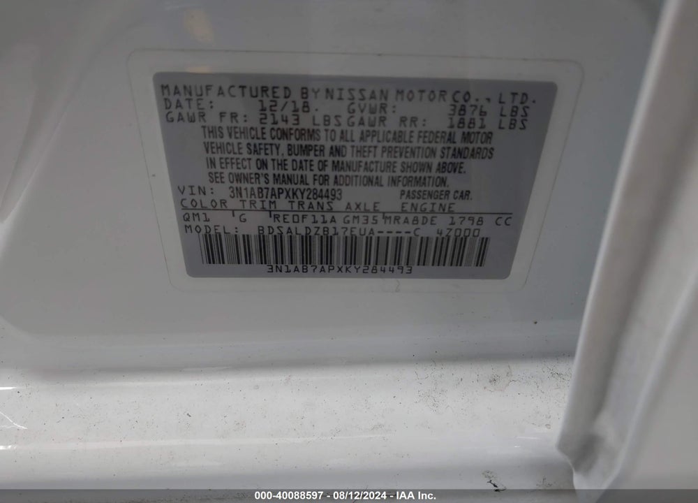 2019 NISSAN SENTRA SV VIN: 3N1AB7APXKY284493