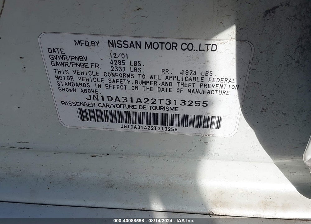 2002 NISSAN MAXIMA SE VIN: JN1DA31A22T313255