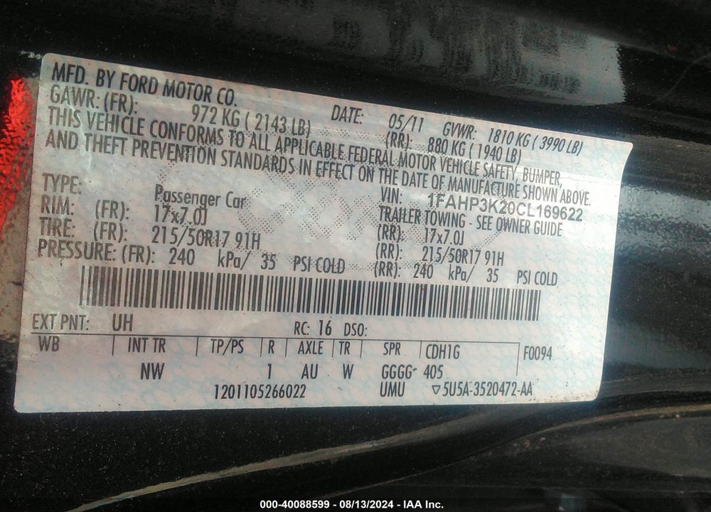 2012 FORD FOCUS SE VIN: 1FAHP3K20CL169622