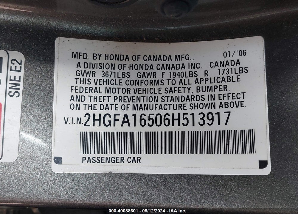 2006 HONDA CIVIC LX VIN: 2HGFA16506H513917