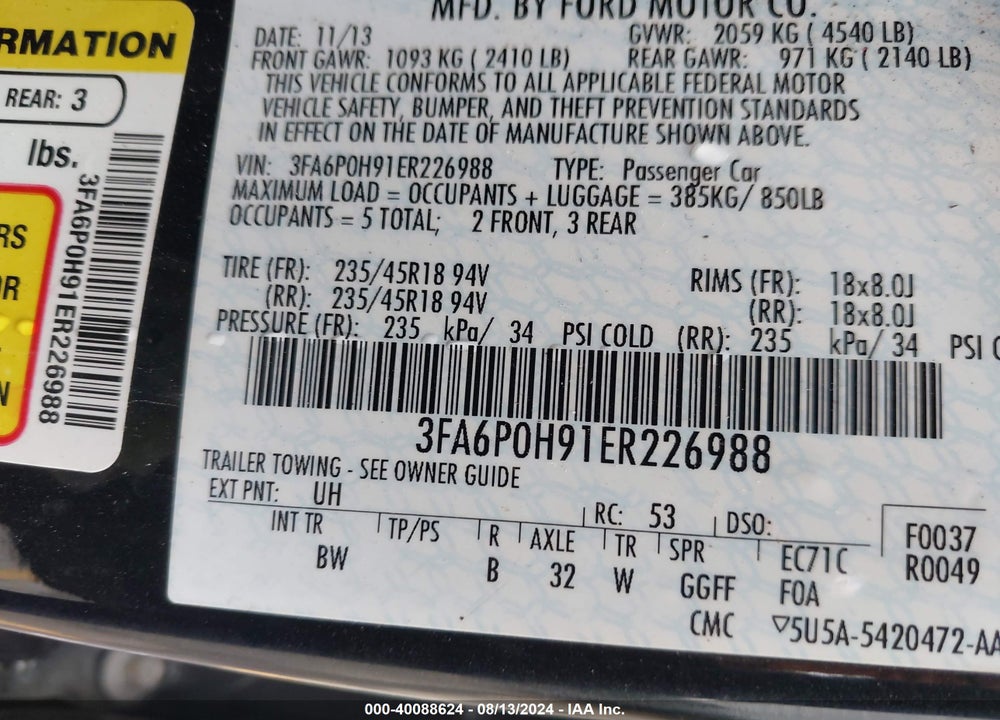 2014 FORD FUSION VIN: 3FA6P0H91ER226988