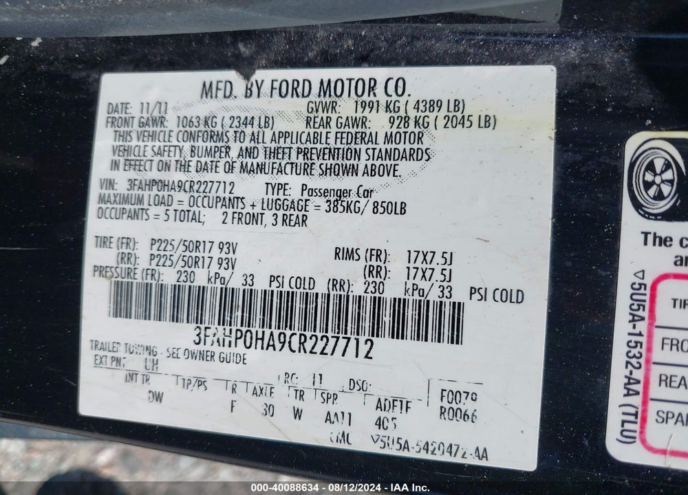 2012 FORD FUSION VIN: 3FAHP0HA9CR227712