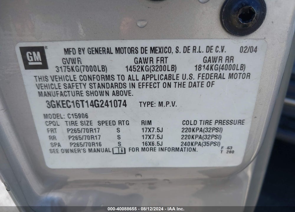 2004 GMC YUKON XL 1500 SLT VIN: 3GKEC16T14G241074