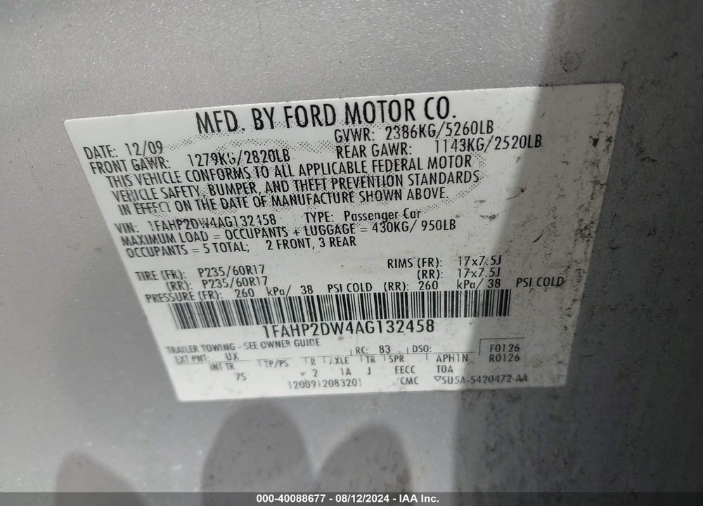 2010 FORD TAURUS SE VIN: 1FAHP2DW4AG132458