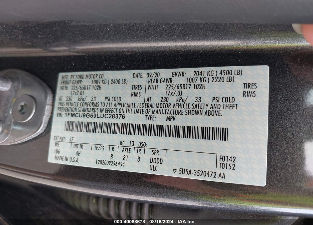 2020 FORD ESCAPE SE VIN: 1FMCU9G69LUC28376