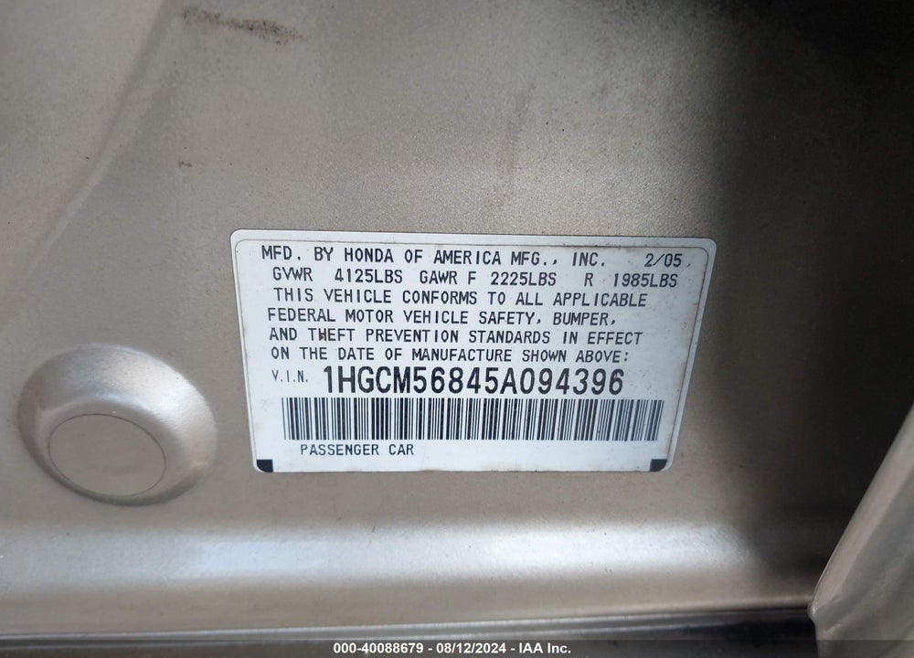2005 HONDA ACCORD 2.4 EX VIN: 1HGCM56845A094396