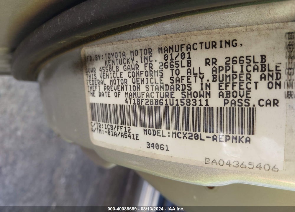 2001 TOYOTA AVALON XL VIN: 4T1BF28B61U158311
