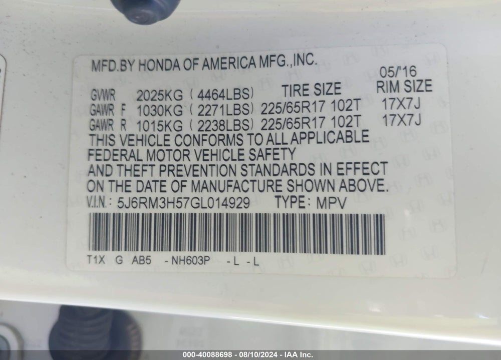 2016 HONDA CR-V EX VIN: 5J6RM3H57GL014929