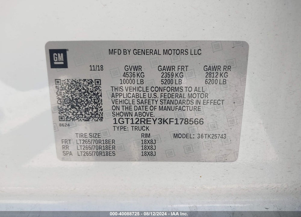 2019 GMC SIERRA 2500HD SLT VIN: 1GT12REY3KF178566