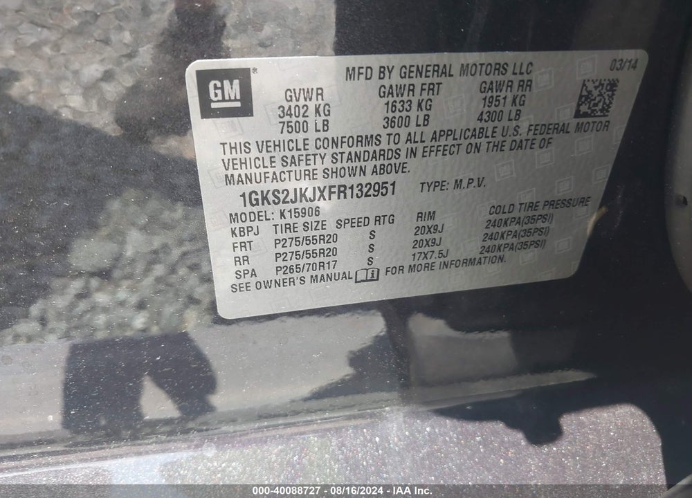 2015 GMC YUKON XL 1500 DENALI VIN: 1GKS2JKJXFR132951