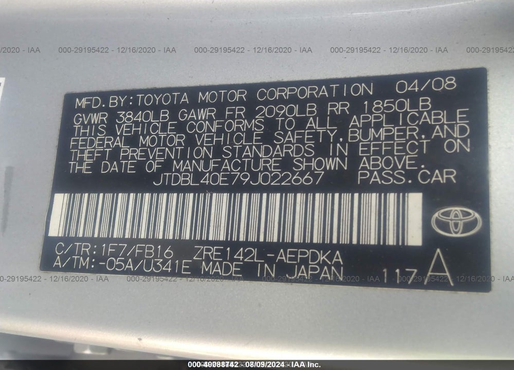 2009 TOYOTA COROLLA LE VIN: JTDBL40E79J022667