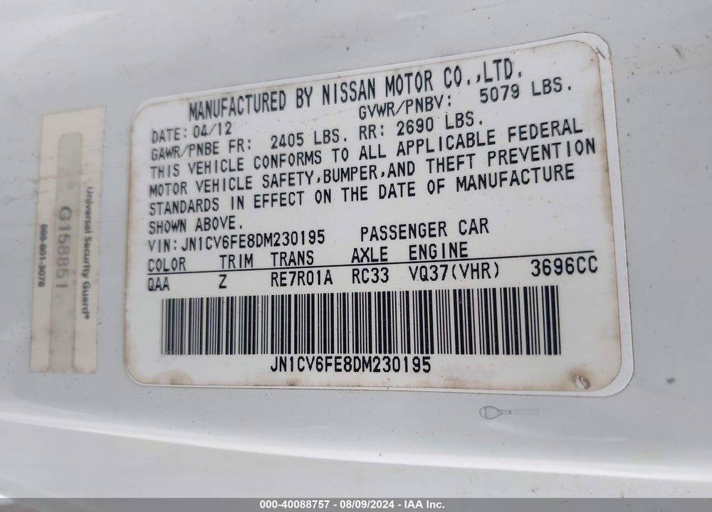 2013 INFINITI IPL G VIN: JN1CV6FE8DM230195