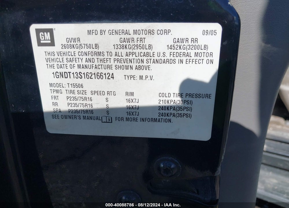 2006 CHEVROLET TRAILBLAZER VIN: 1GNDT13S162166124
