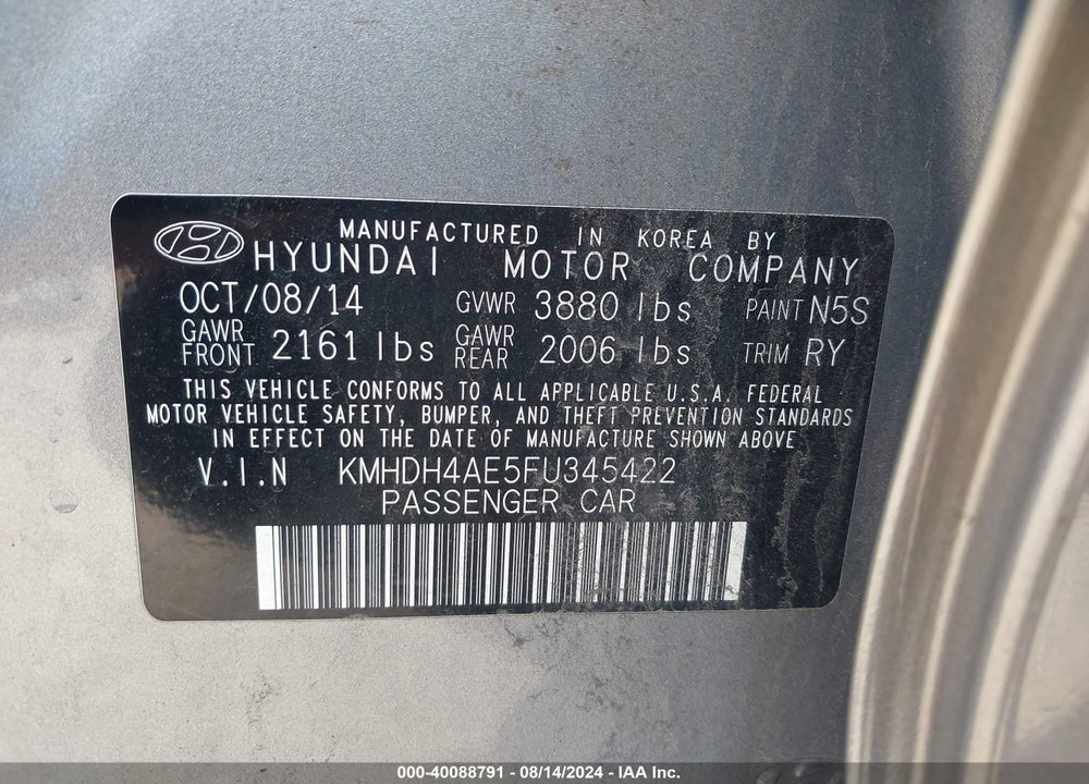 2015 HYUNDAI ELANTRA SE VIN: KMHDH4AE5FU345422