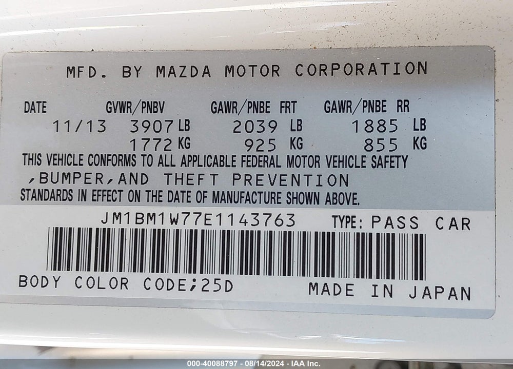 2014 MAZDA MAZDA3 VIN: JM1BM1W77E1143763