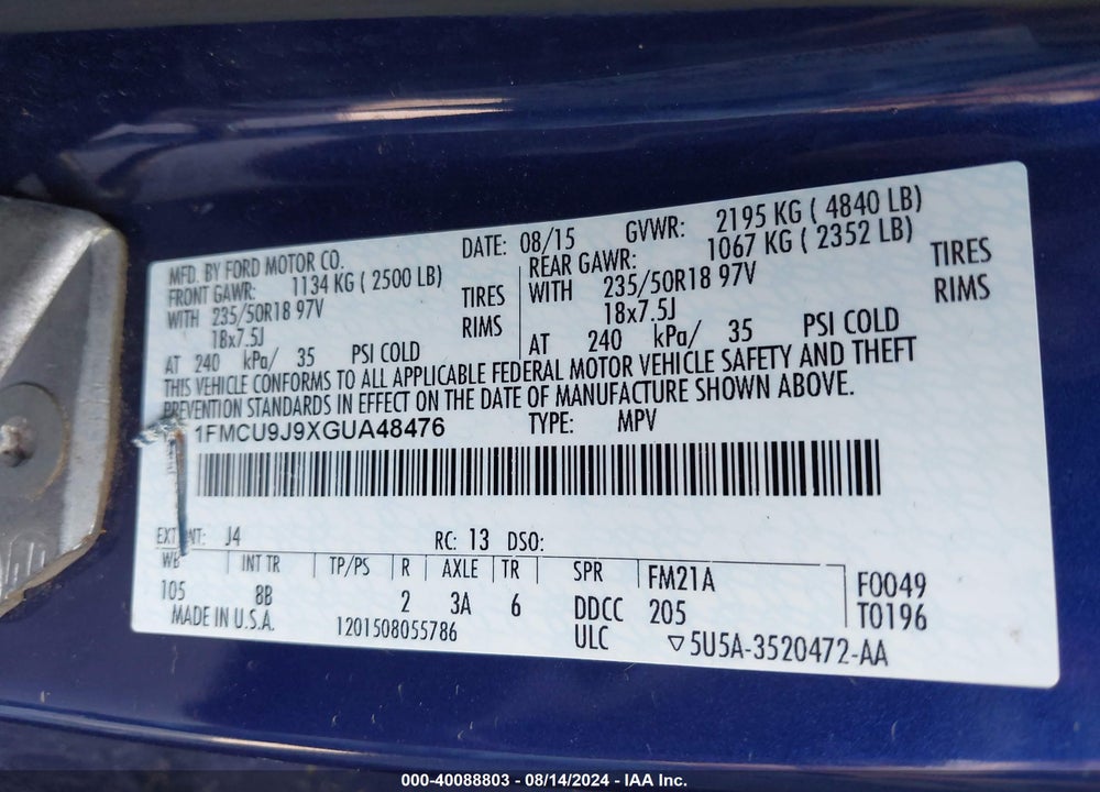 2016 FORD ESCAPE TITANIUM VIN: 1FMCU9J9XGUA48476