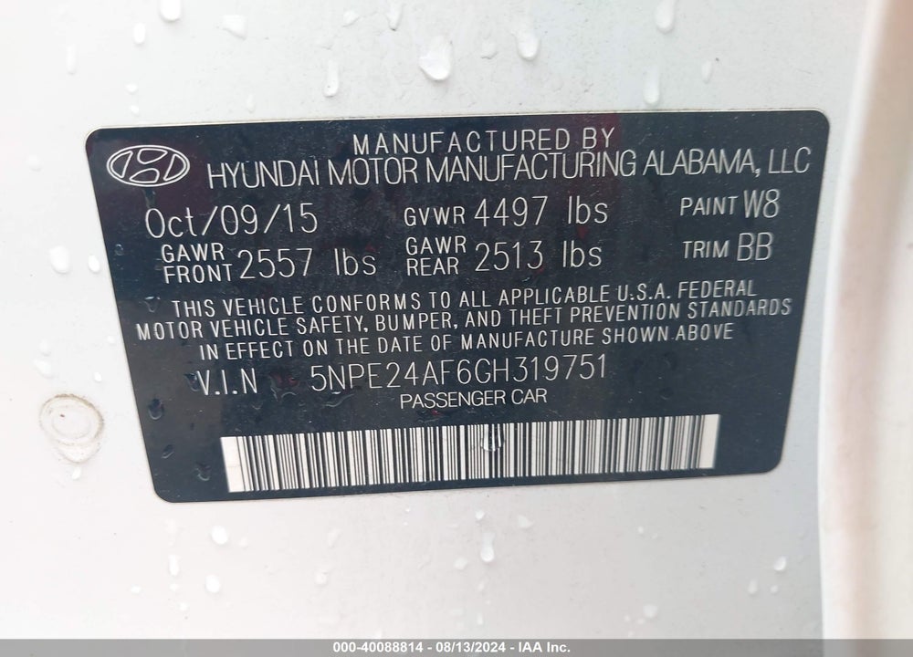 2016 HYUNDAI SONATA SE VIN: 5NPE24AF6GH319751