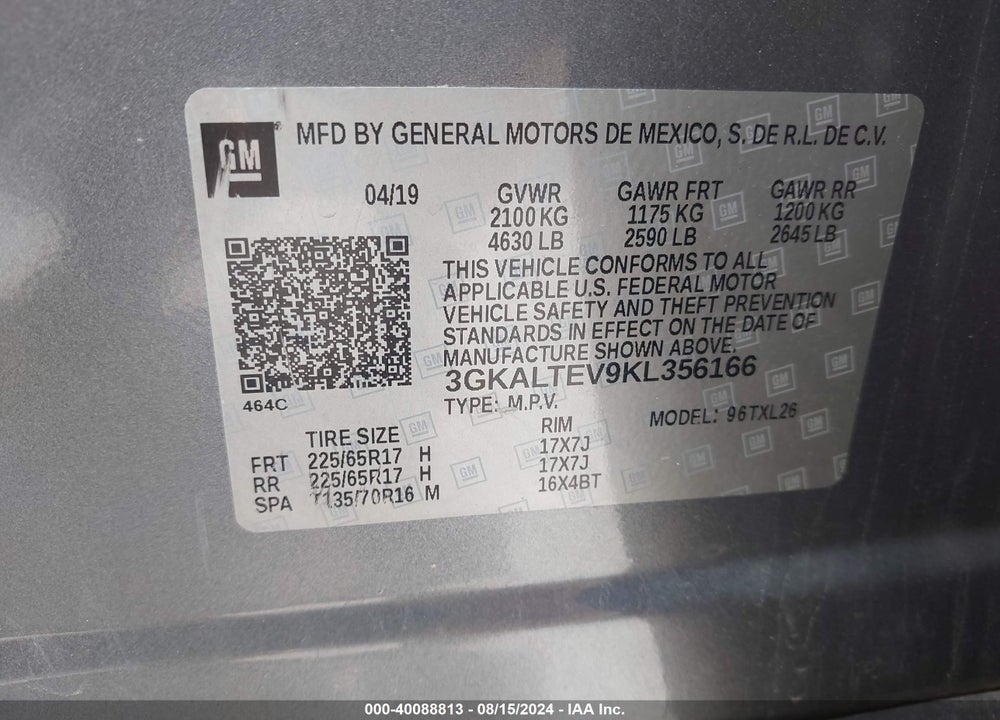 2019 GMC TERRAIN SLE VIN: 3GKALTEV9KL356166