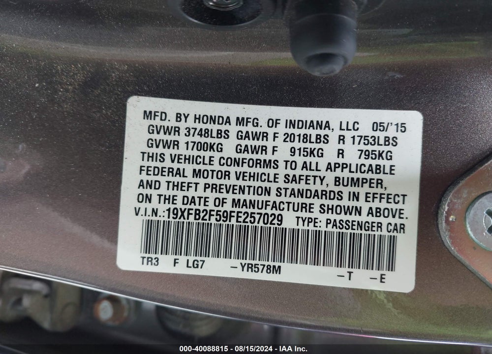 2015 HONDA CIVIC LX VIN: 19XFB2F59FE257029