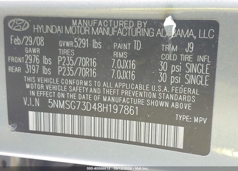 2008 HYUNDAI SANTA FE GLS VIN: 5NMSG73D48H197861