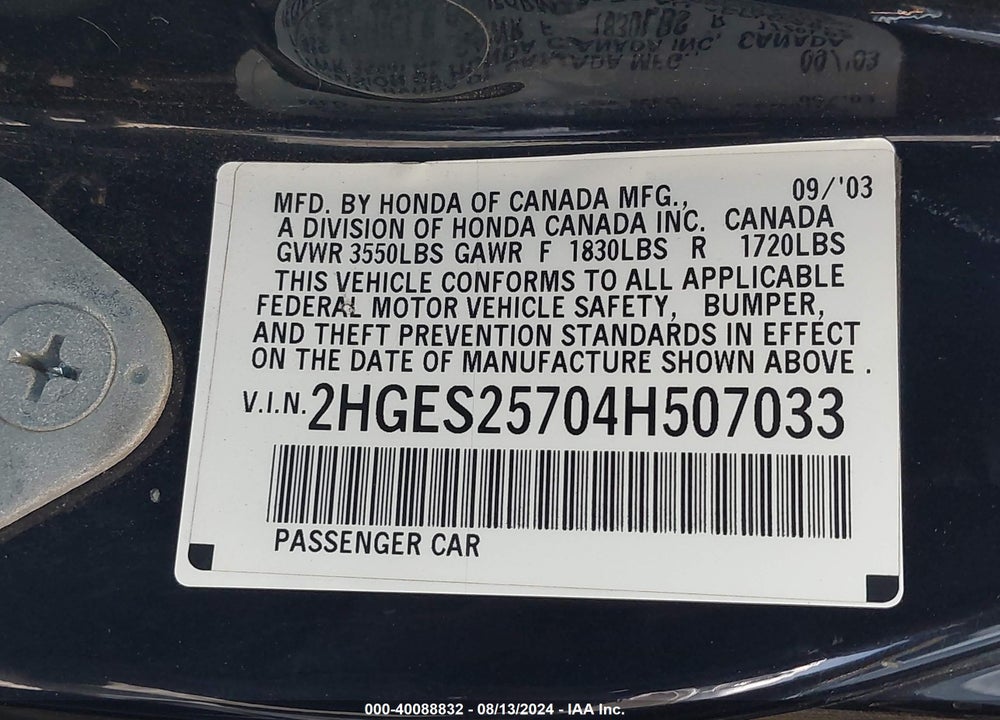 2004 HONDA CIVIC EX VIN: 2HGES25704H507033