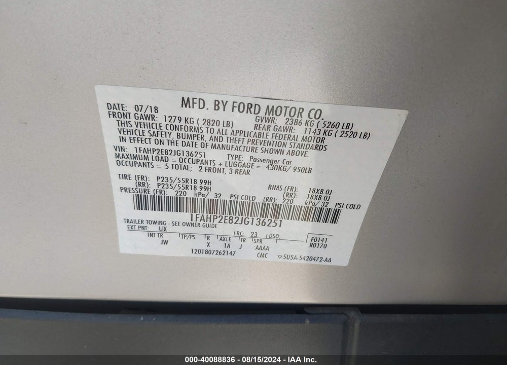 2018 FORD TAURUS SEL VIN: 1FAHP2E82JG136251