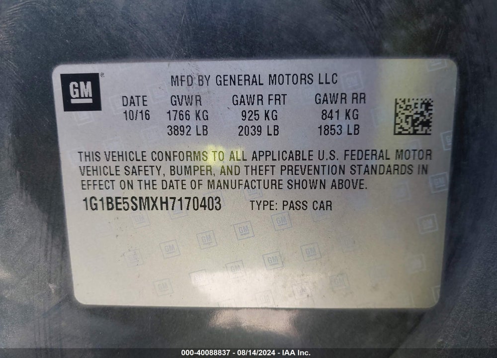 2017 CHEVROLET CRUZE LT AUTO VIN: 1G1BE5SMXH7170403
