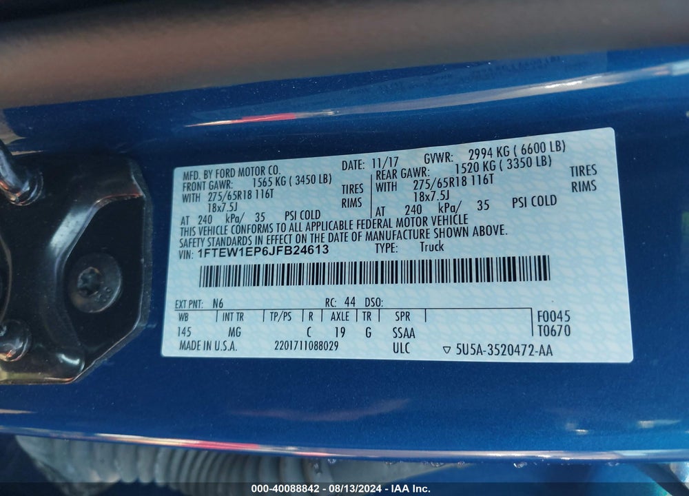2018 FORD F-150 XLT VIN: 1FTEW1EP6JFB24613
