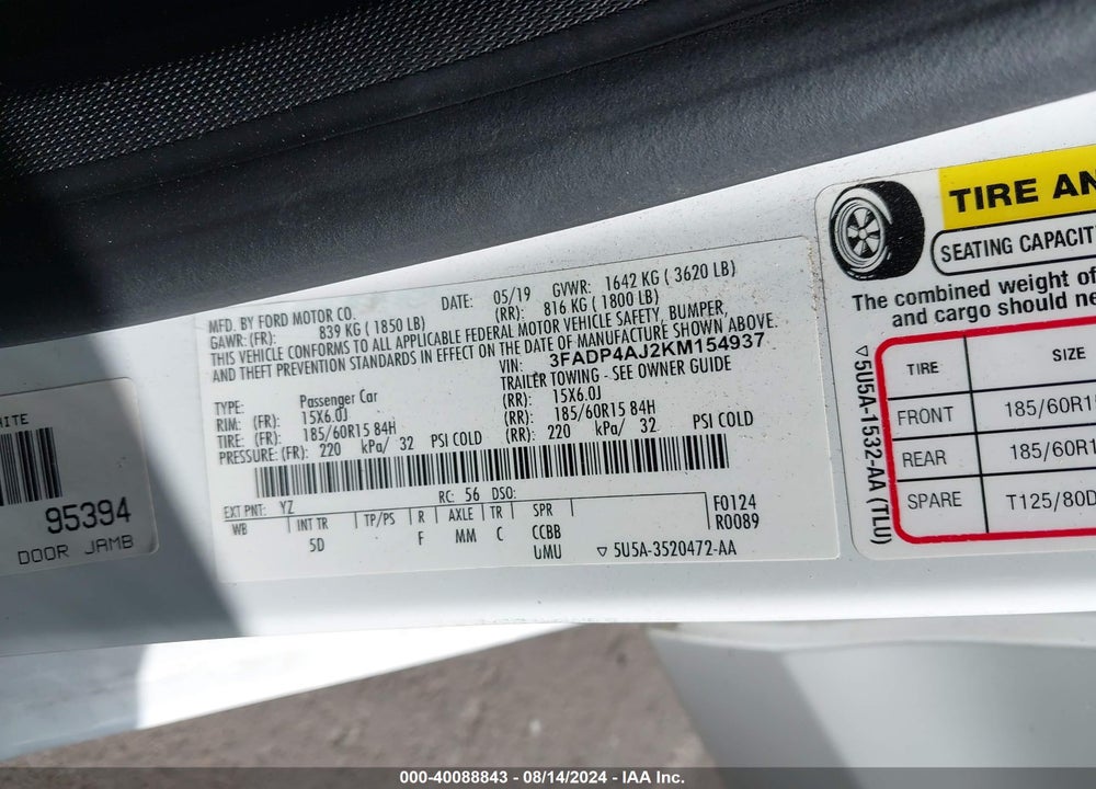 2019 FORD FIESTA S VIN: 3FADP4AJ2KM154937
