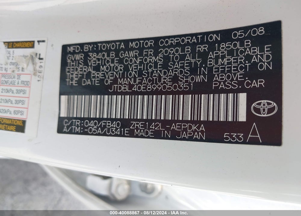 2009 TOYOTA COROLLA VIN: JTDBL40E899050351