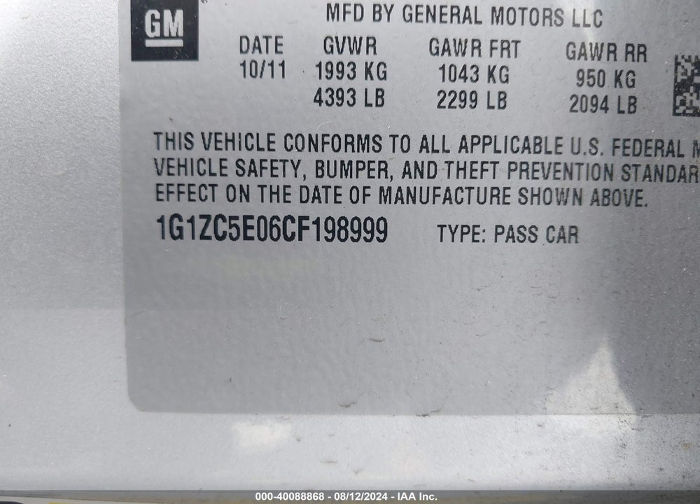 2012 CHEVROLET MALIBU VIN: 1G1ZC5E06CF198999