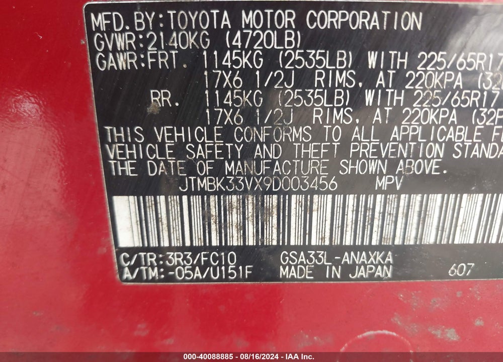 2009 TOYOTA RAV4 BASE V6 VIN: JTMBK33VX9D003456