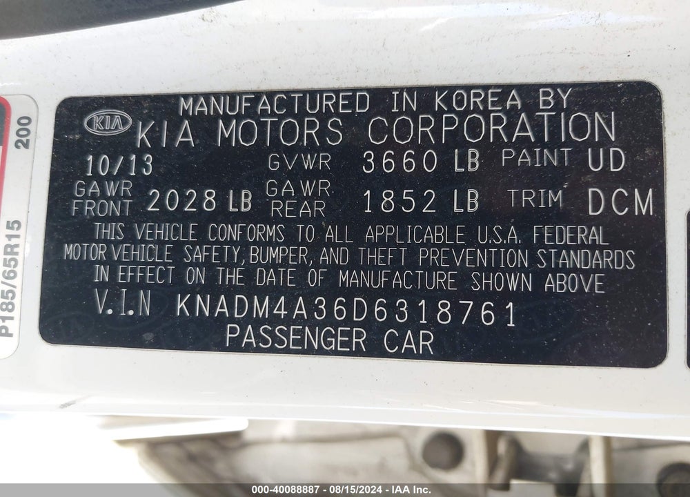 2013 KIA RIO LX VIN: KNADM4A36D6318761