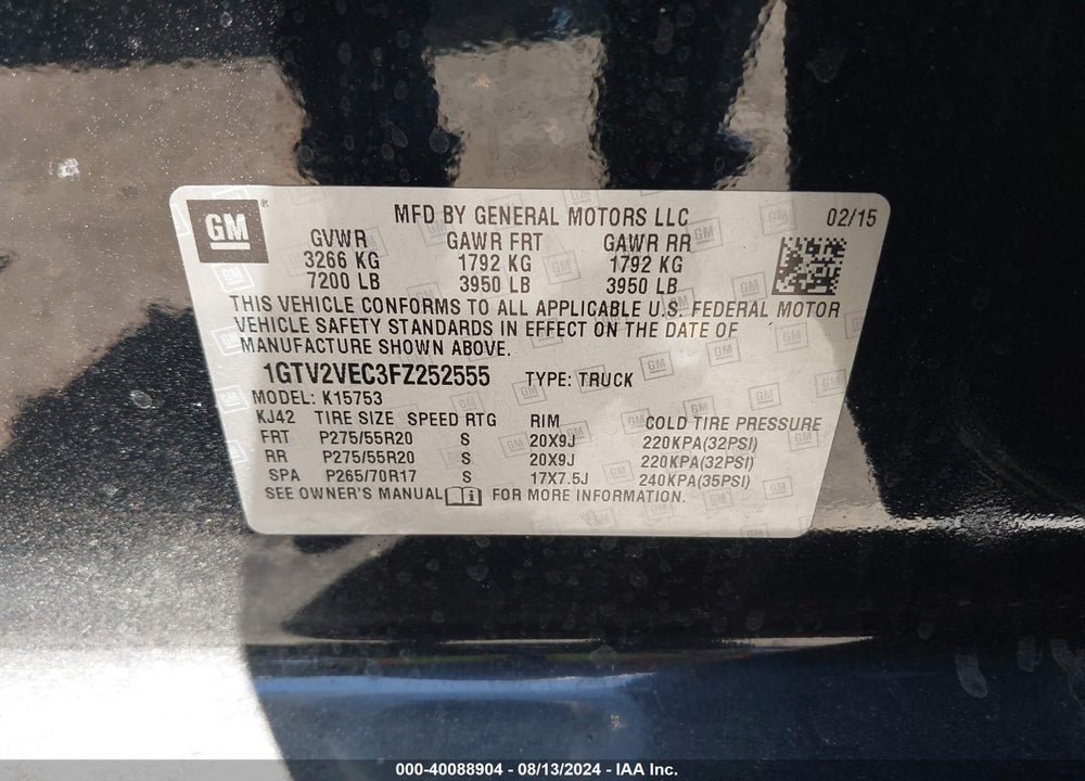 2015 GMC SIERRA 1500 SLT VIN: 1GTV2VEC3FZ252555