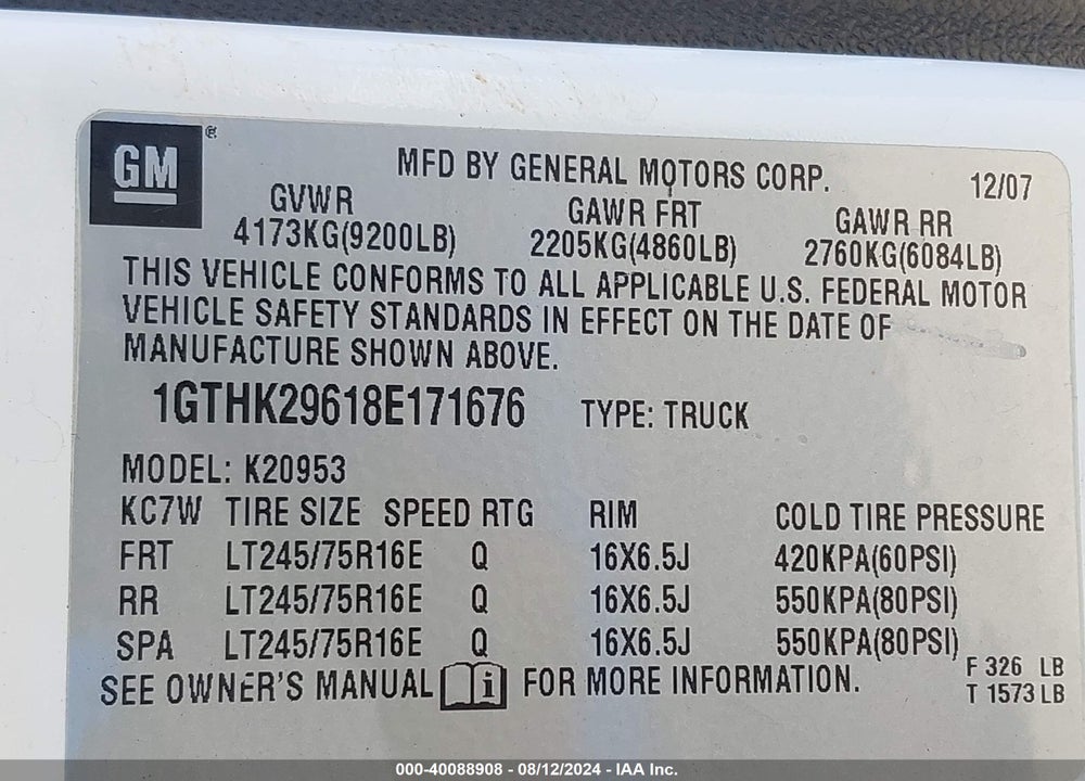 2008 GMC SIERRA 2500HD SLE2 VIN: 1GTHK29618E171676