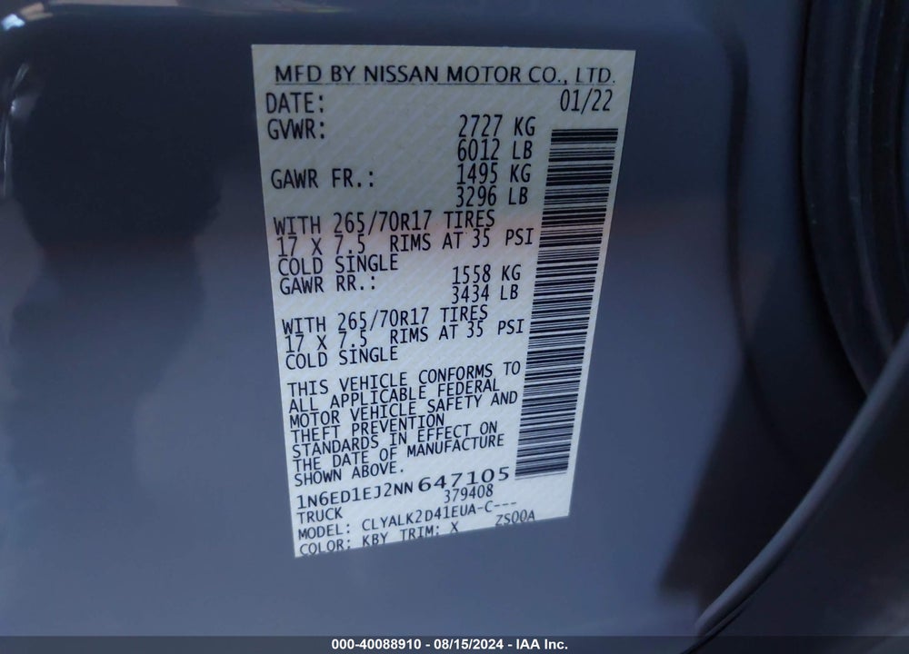 2022 NISSAN FRONTIER PRO-X 4X2 VIN: 1N6ED1EJ2NN647105