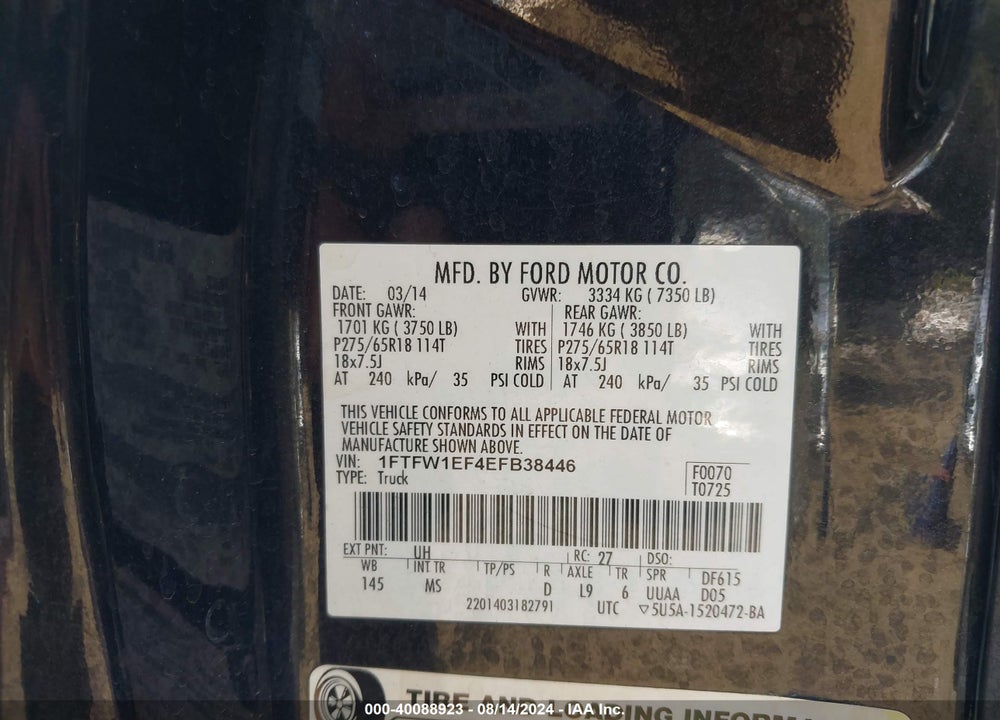 2014 FORD F-150 XLT VIN: 1FTFW1EF4EFB38446