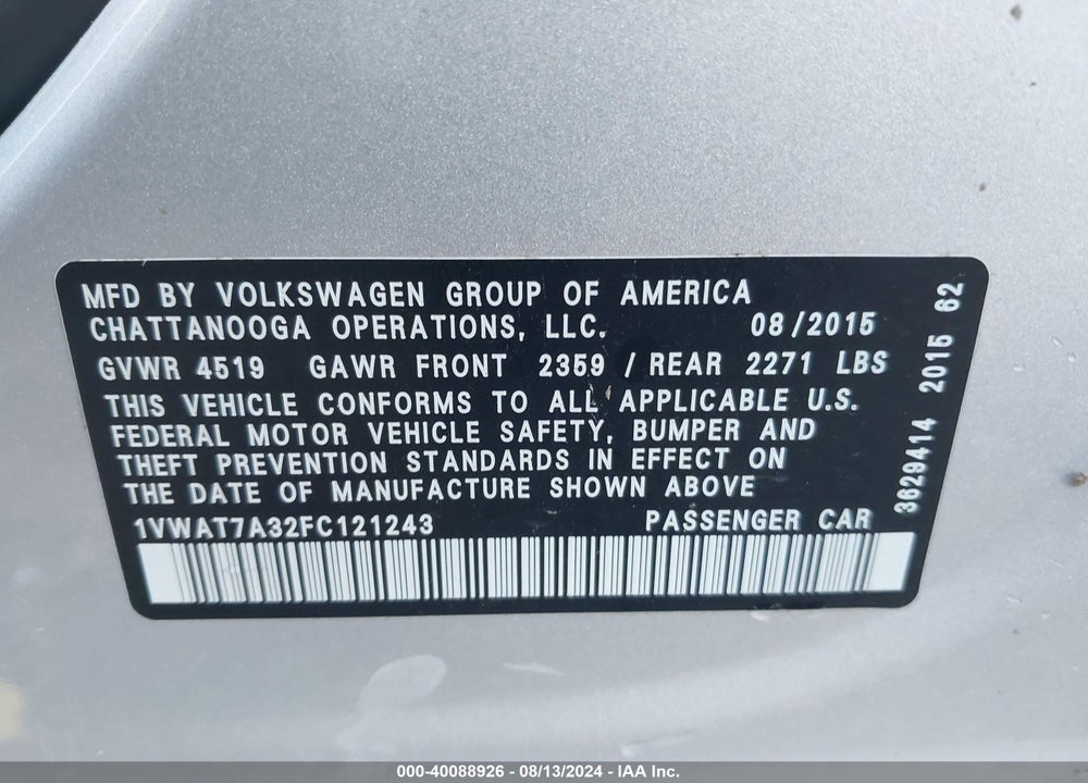 2015 VOLKSWAGEN PASSAT 1.8T LIMITED EDITION VIN: 1VWAT7A32FC121243